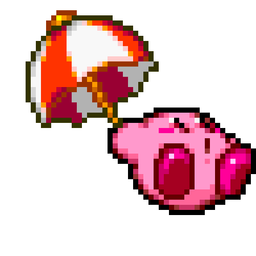 A gif of Kirby with the Parasol ability. Kirby floats down using their parasol while rocking back and forth.