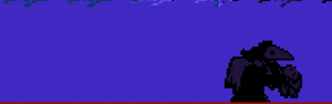 A gif of Plague Knight and Mona, from the game Shovel Knight, waltzing together in a dark room.