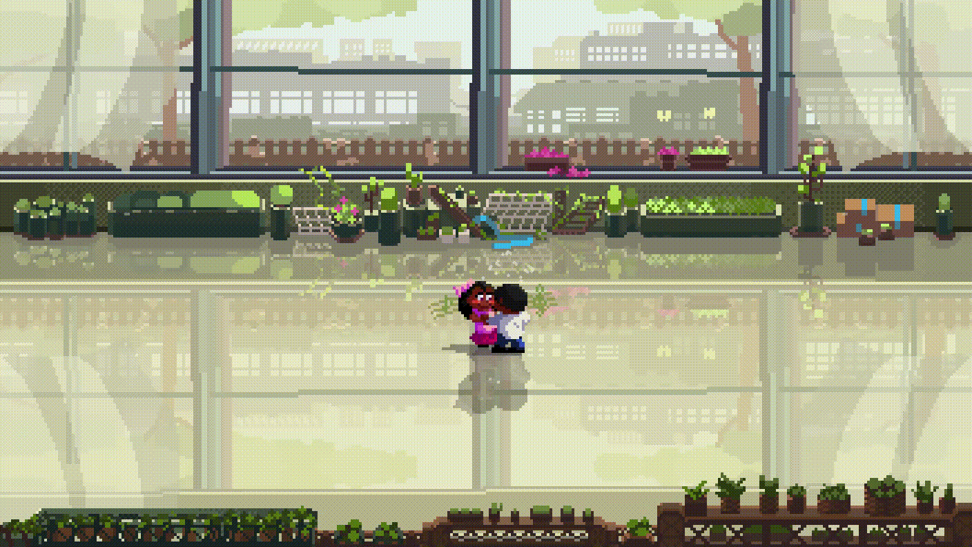 A gif of Logan and Hailey, from Rhythm Doctor, dancing together while green music notes surround them. They have darker skin.
